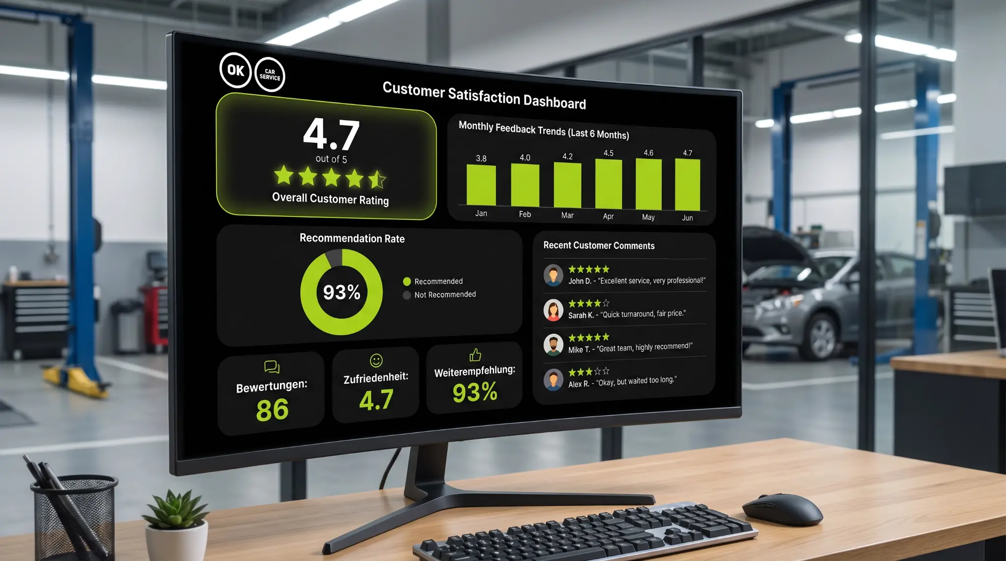 ServiceRadar Dashboard mit Kundenzufriedenheitswerten, Diagrammen und Kundenstimmen